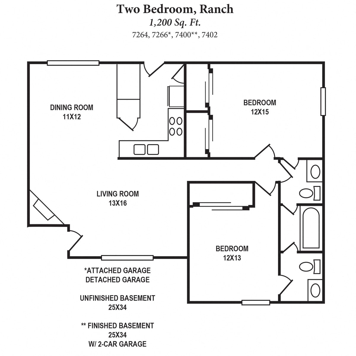 Floor plan for 2 beds, 1.5 baths, 1200 sqft